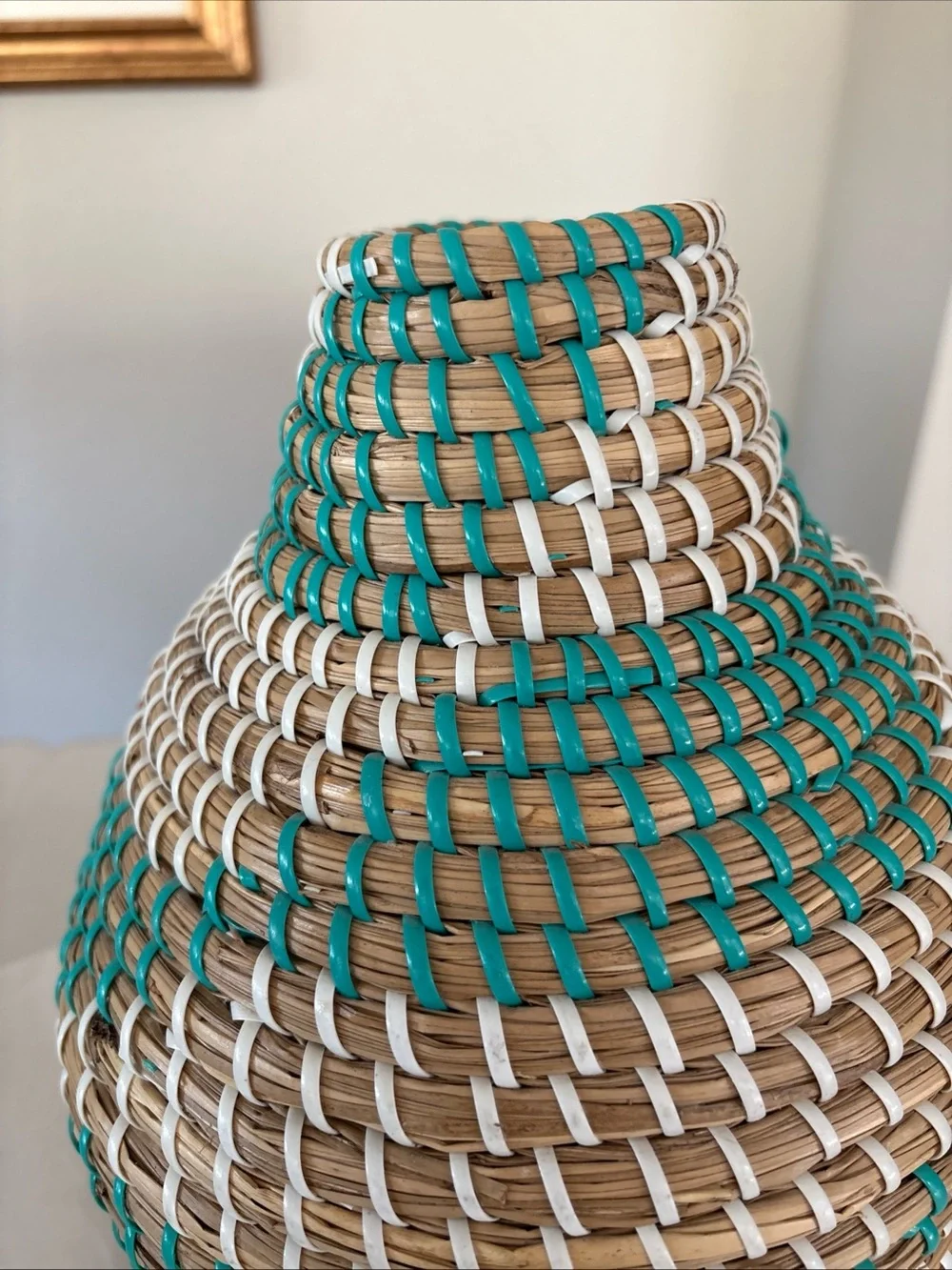 Handwoven Natural, Teal & White Decorative Basket Vase
